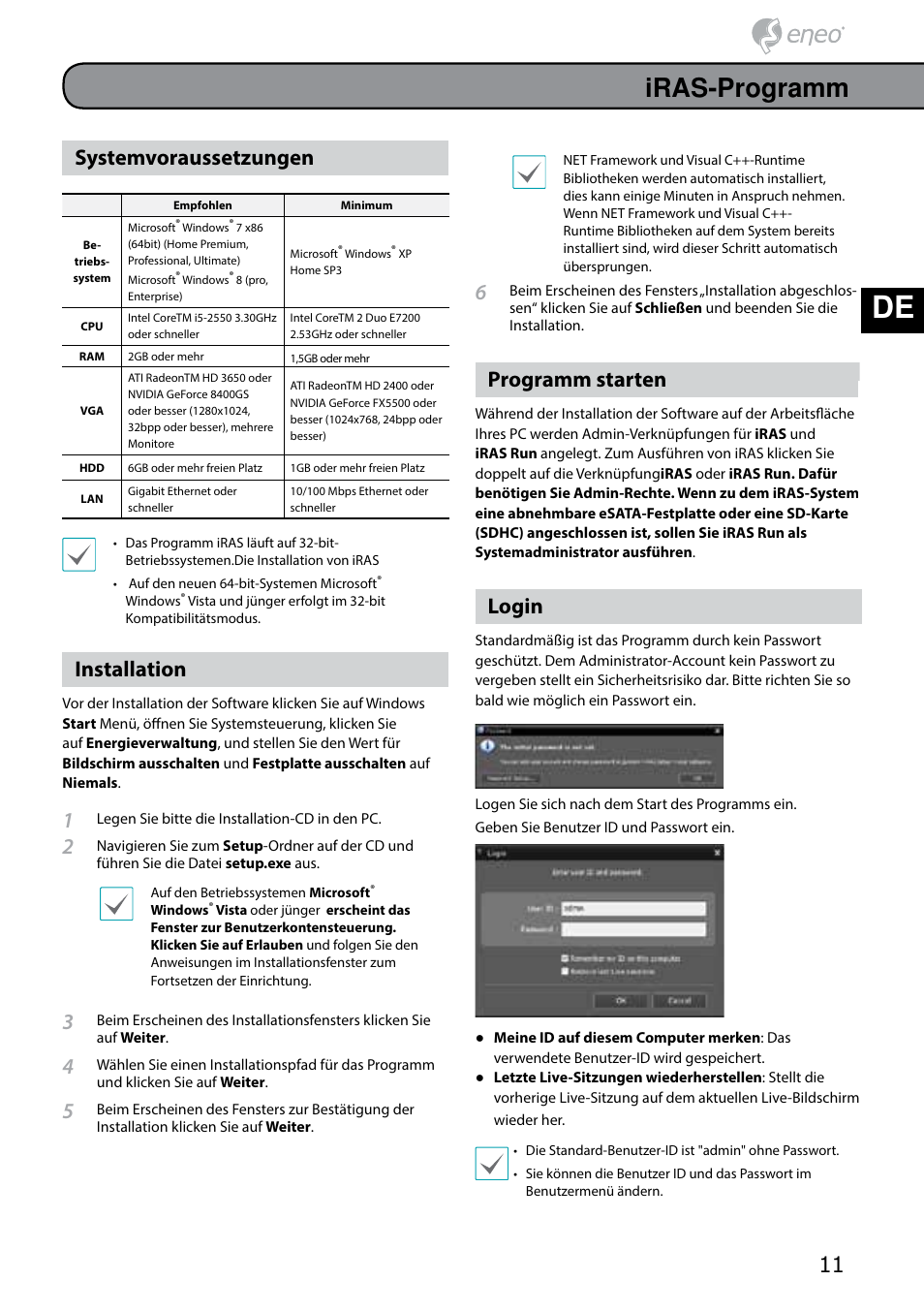 De en fr pl ru, Iras-programm, Systemvoraussetzungen | Installation, Programm starten, Login | Eneo PNR-5304/4TB User Manual | Page 11 / 68