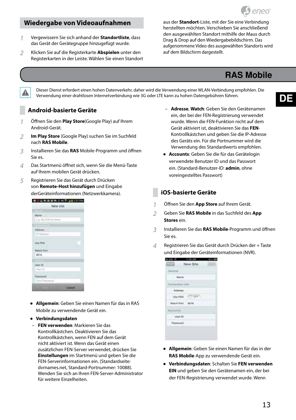 De en fr pl ru, Ras mobile, Wiedergabe von videoaufnahmen 1 | Eneo PNR-5304/4TB User Manual | Page 13 / 68