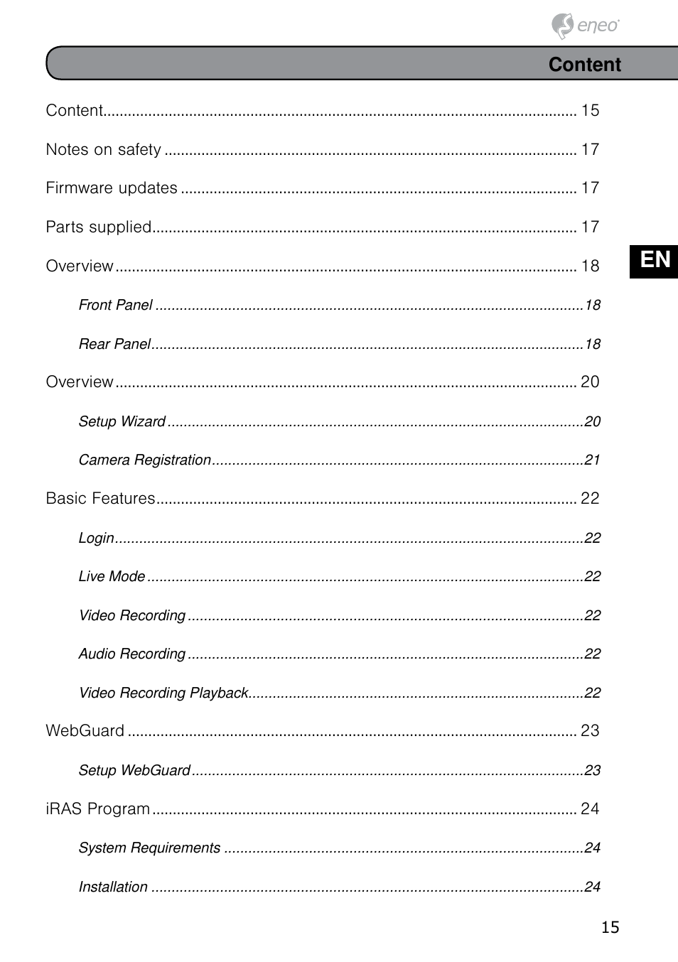 De en fr pl ru, Content | Eneo PNR-5304/4TB User Manual | Page 15 / 68