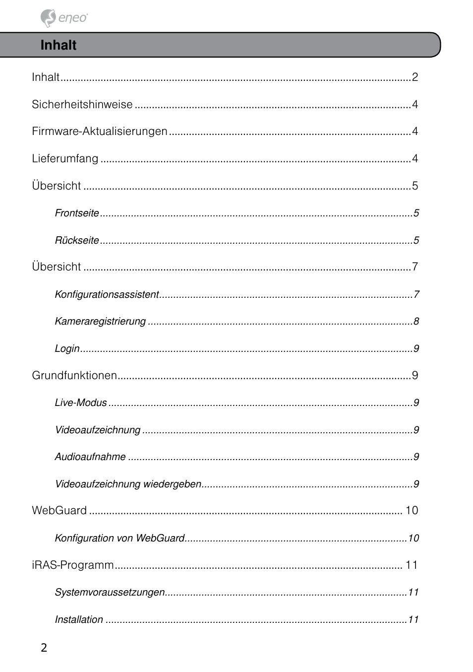 Inhalt | Eneo PNR-5304/4TB User Manual | Page 2 / 68