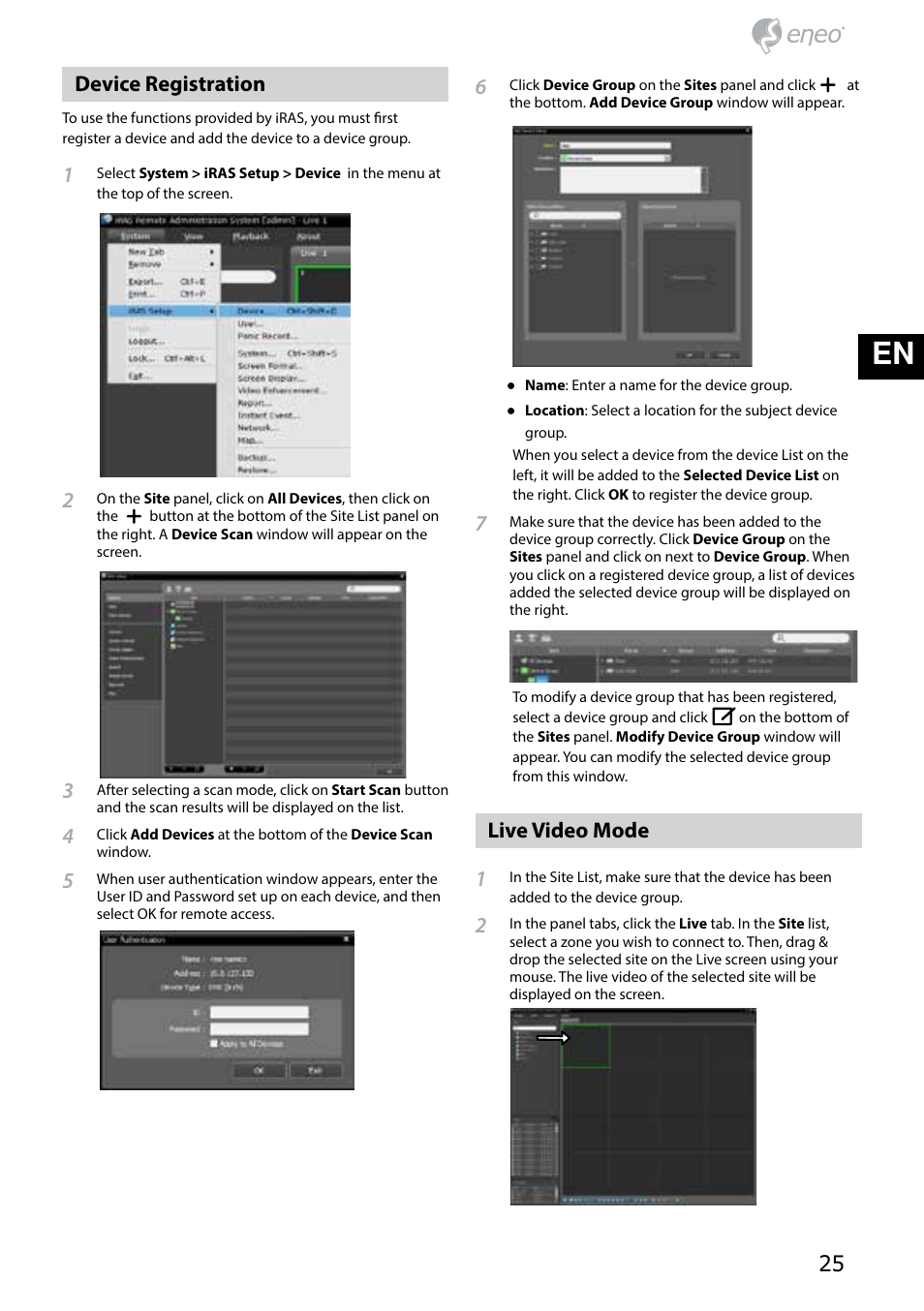 De en fr pl ru, Device registration, Live video mode 1 | Eneo PNR-5304/4TB User Manual | Page 25 / 68
