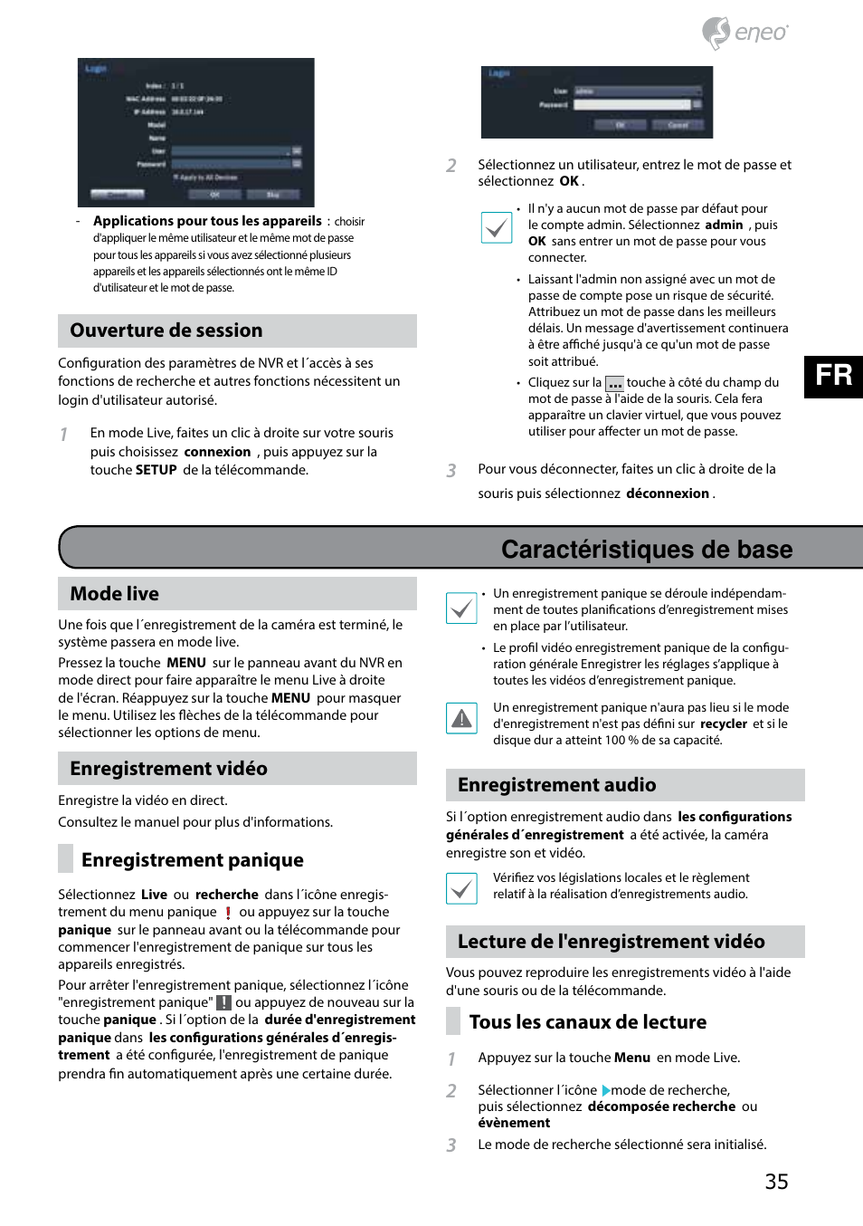 De fr pl ru, Caractéristiques de base, Ouverture de session | Mode live, Enregistrement vidéo, Enregistrement panique, Enregistrement audio, Lecture de l'enregistrement vidéo, Tous les canaux de lecture 1 | Eneo PNR-5304/4TB User Manual | Page 35 / 68