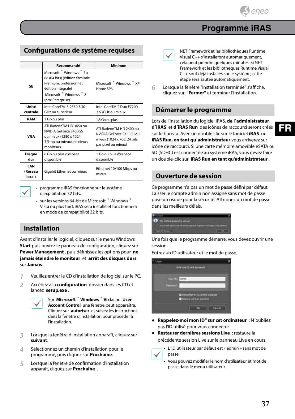 De fr pl ru, Programme iras, Configurations de système requises | Installation, Démarrer le programme, Ouverture de session | Eneo PNR-5304/4TB User Manual | Page 37 / 68