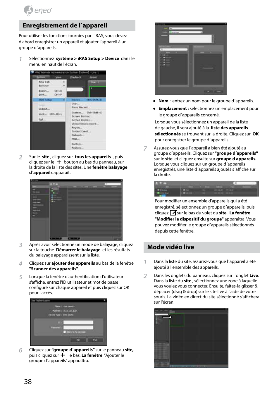 Enregistrement de l´appareil, Mode vidéo live 1 | Eneo PNR-5304/4TB User Manual | Page 38 / 68