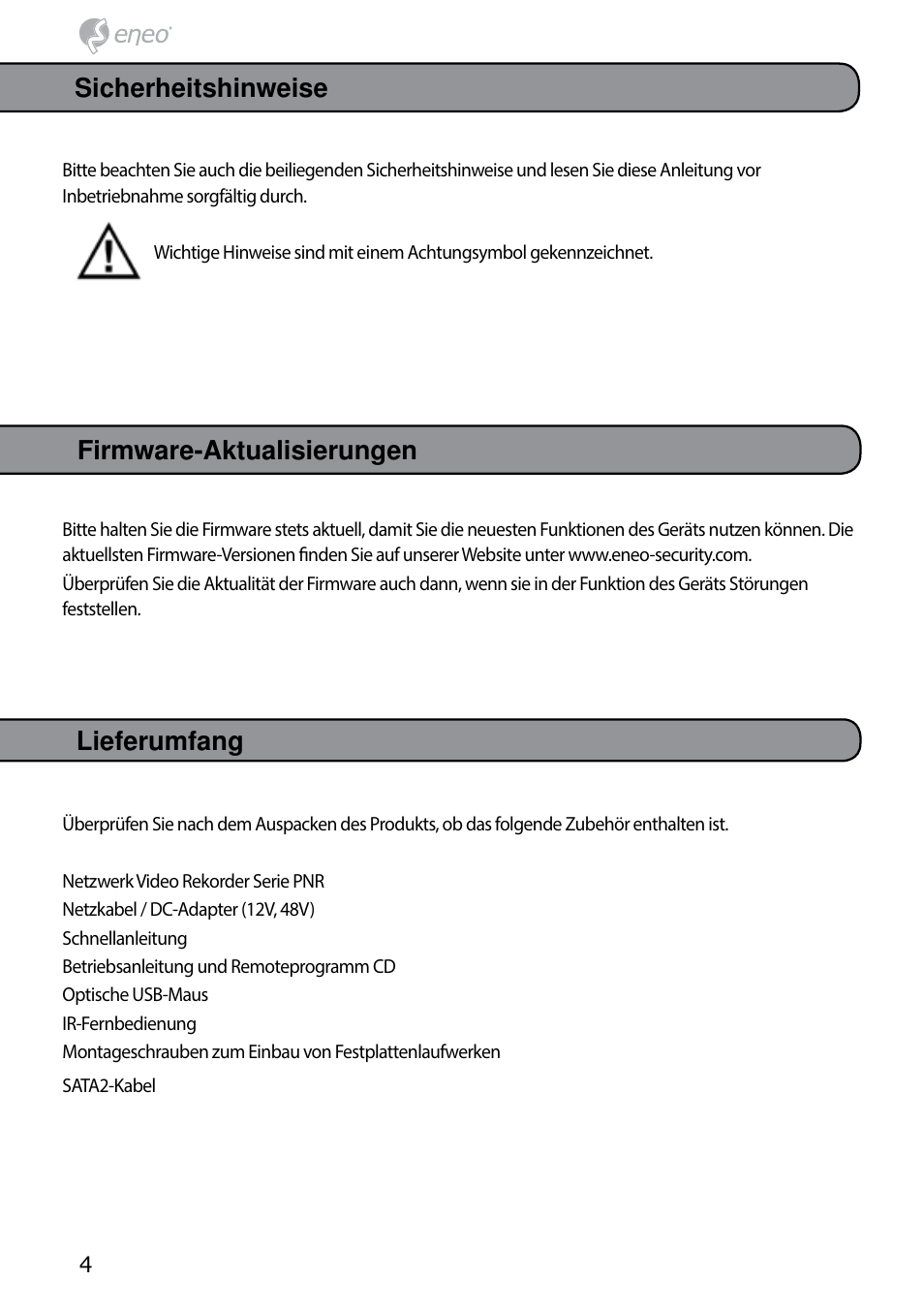 Lieferumfang, Sicherheitshinweise, Firmware-aktualisierungen | Eneo PNR-5304/4TB User Manual | Page 4 / 68