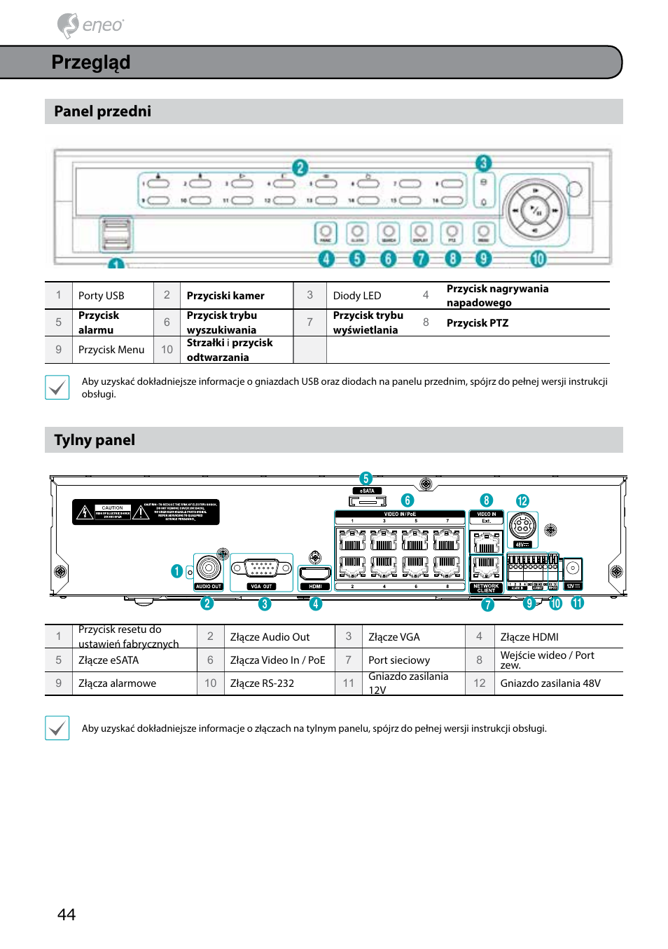 Przegląd, Panel przedni, Tylny panel | Eneo PNR-5304/4TB User Manual | Page 44 / 68