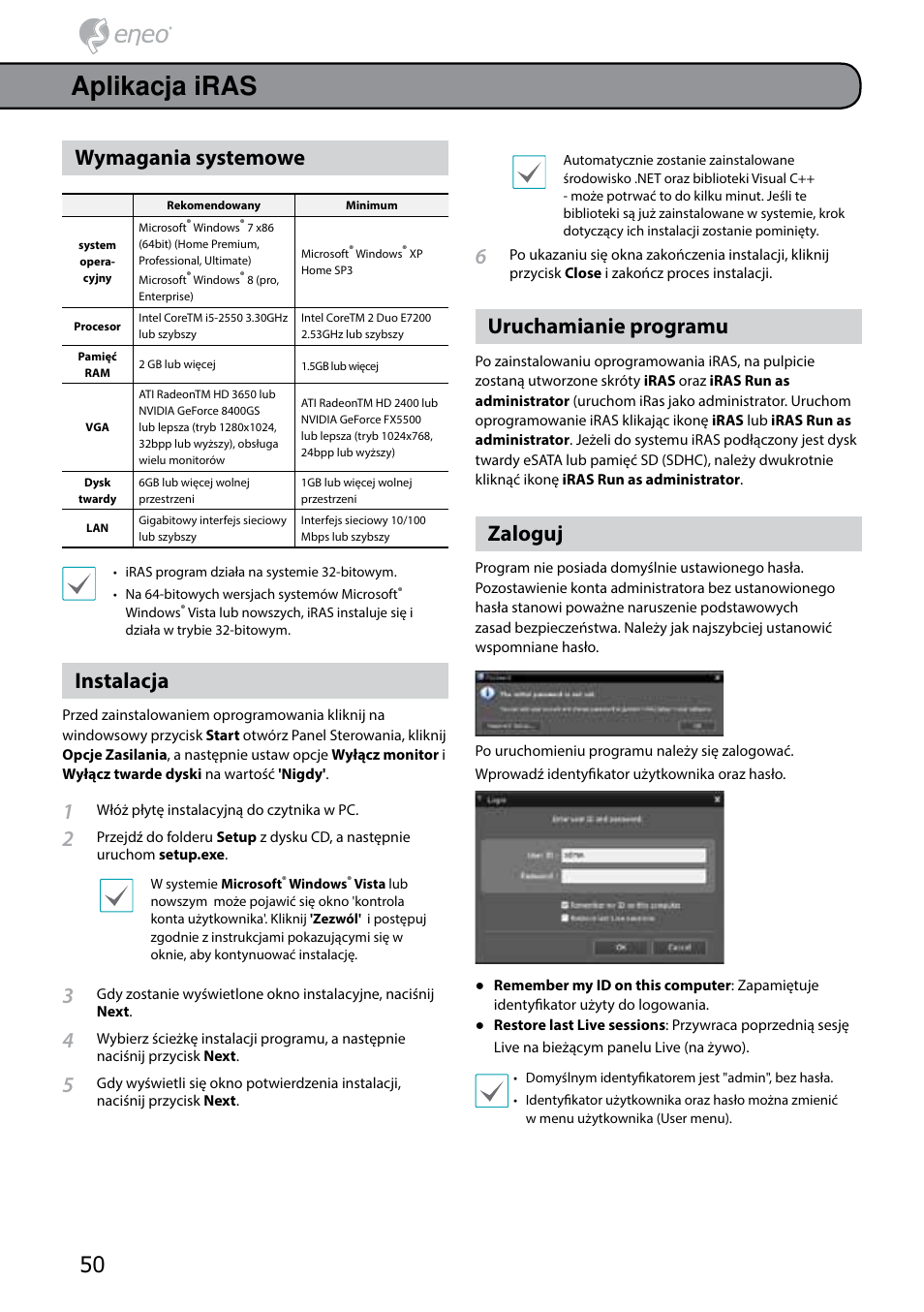 Aplikacja iras, Wymagania systemowe, Instalacja | Uruchamianie programu, Zaloguj | Eneo PNR-5304/4TB User Manual | Page 50 / 68