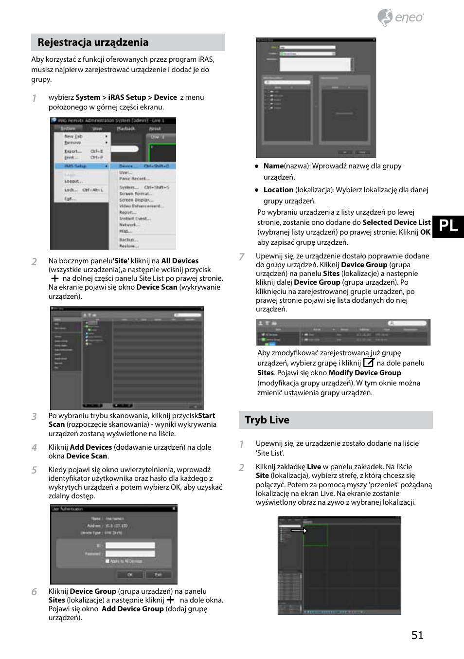 De fr pl ru, Rejestracja urządzenia, Tryb live 1 | Eneo PNR-5304/4TB User Manual | Page 51 / 68