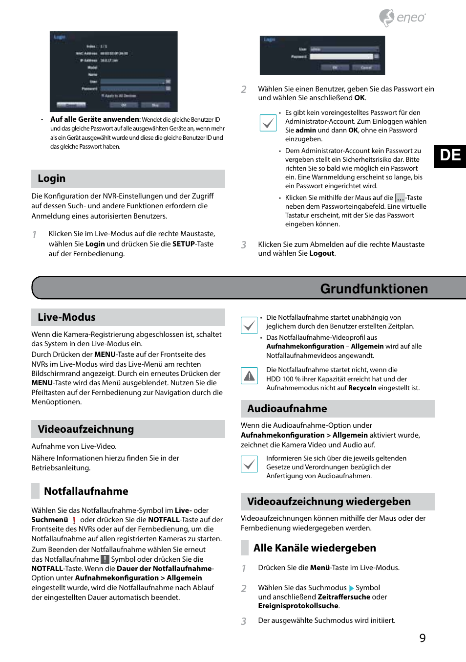 De en fr pl ru, Grundfunktionen, Login | Live-modus, Videoaufzeichnung, Notfallaufnahme, Audioaufnahme, Videoaufzeichnung wiedergeben, Alle kanäle wiedergeben 1 | Eneo PNR-5304/4TB User Manual | Page 9 / 68