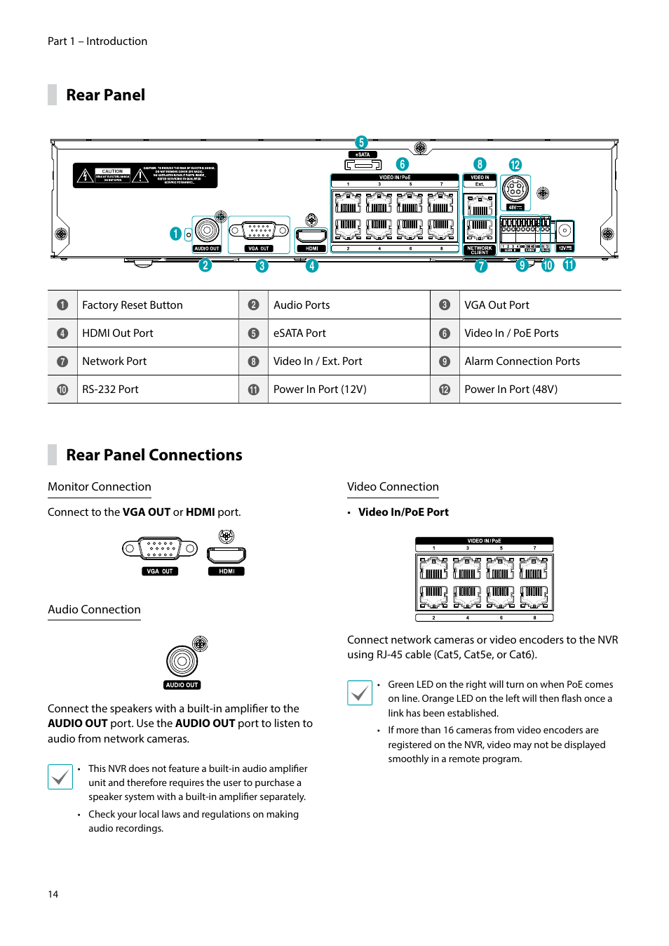 Rear panel, Rear panel connections | Eneo PNR-5304/4TB User Manual | Page 14 / 88