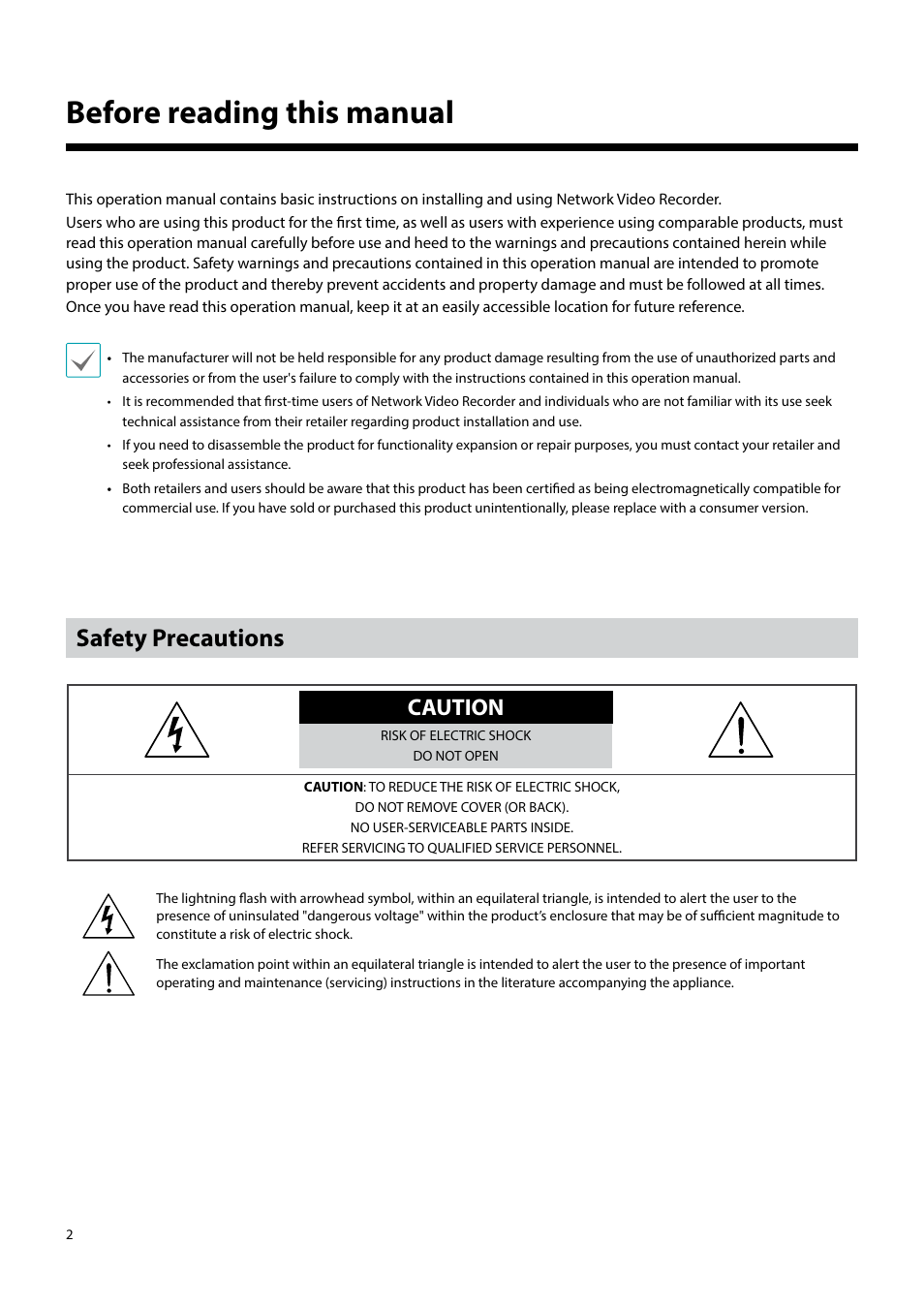 Before reading this manual, Safety precautions, Caution | Eneo PNR-5304/4TB User Manual | Page 2 / 88