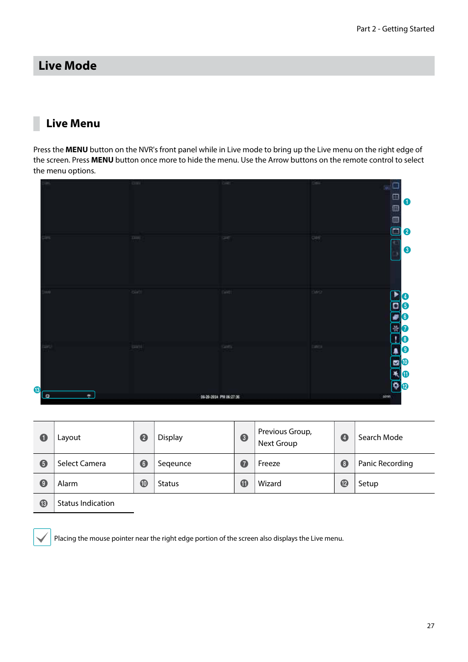 Live mode, Live menu | Eneo PNR-5304/4TB User Manual | Page 27 / 88