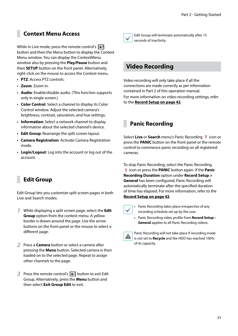 Video recording, Context menu access, Edit group | Panic recording | Eneo PNR-5304/4TB User Manual | Page 33 / 88