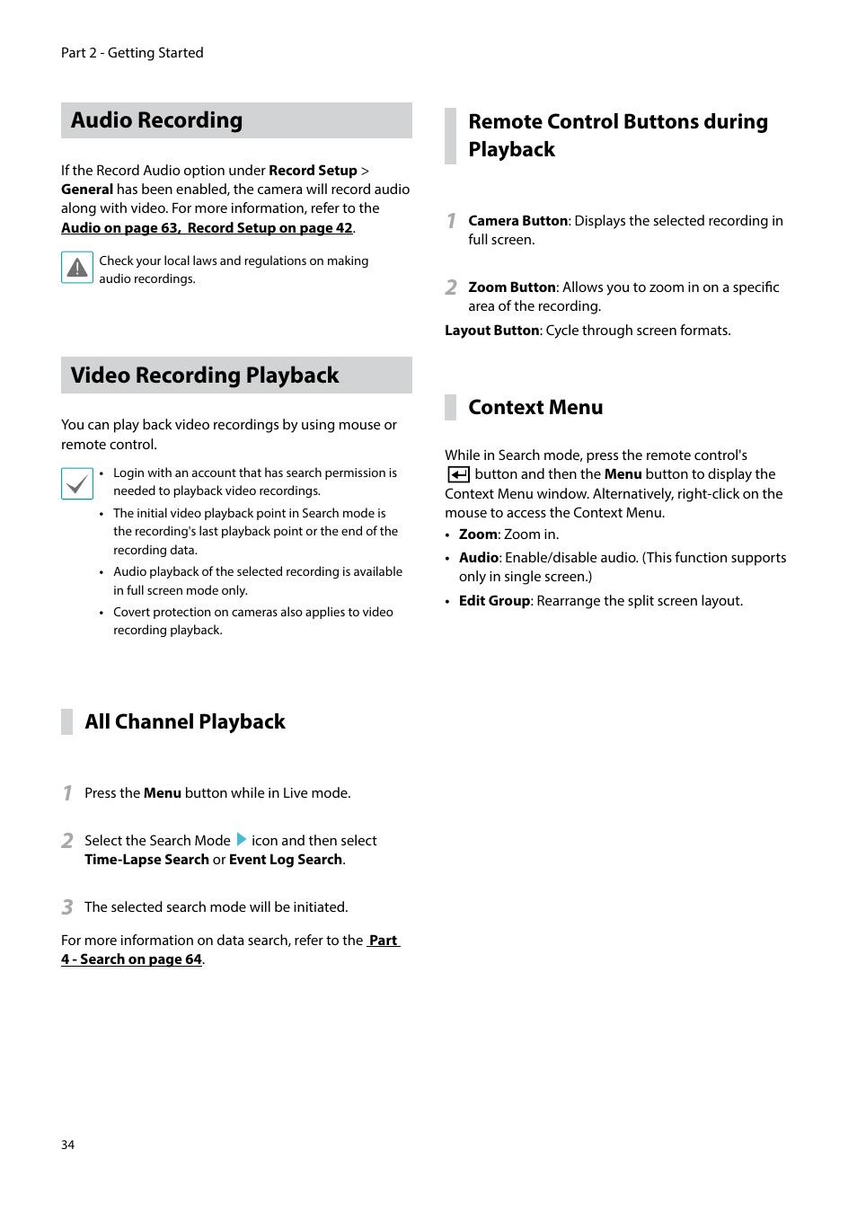 Audio recording, Video recording playback, All channel playback | Remote control buttons during playback, Context menu | Eneo PNR-5304/4TB User Manual | Page 34 / 88