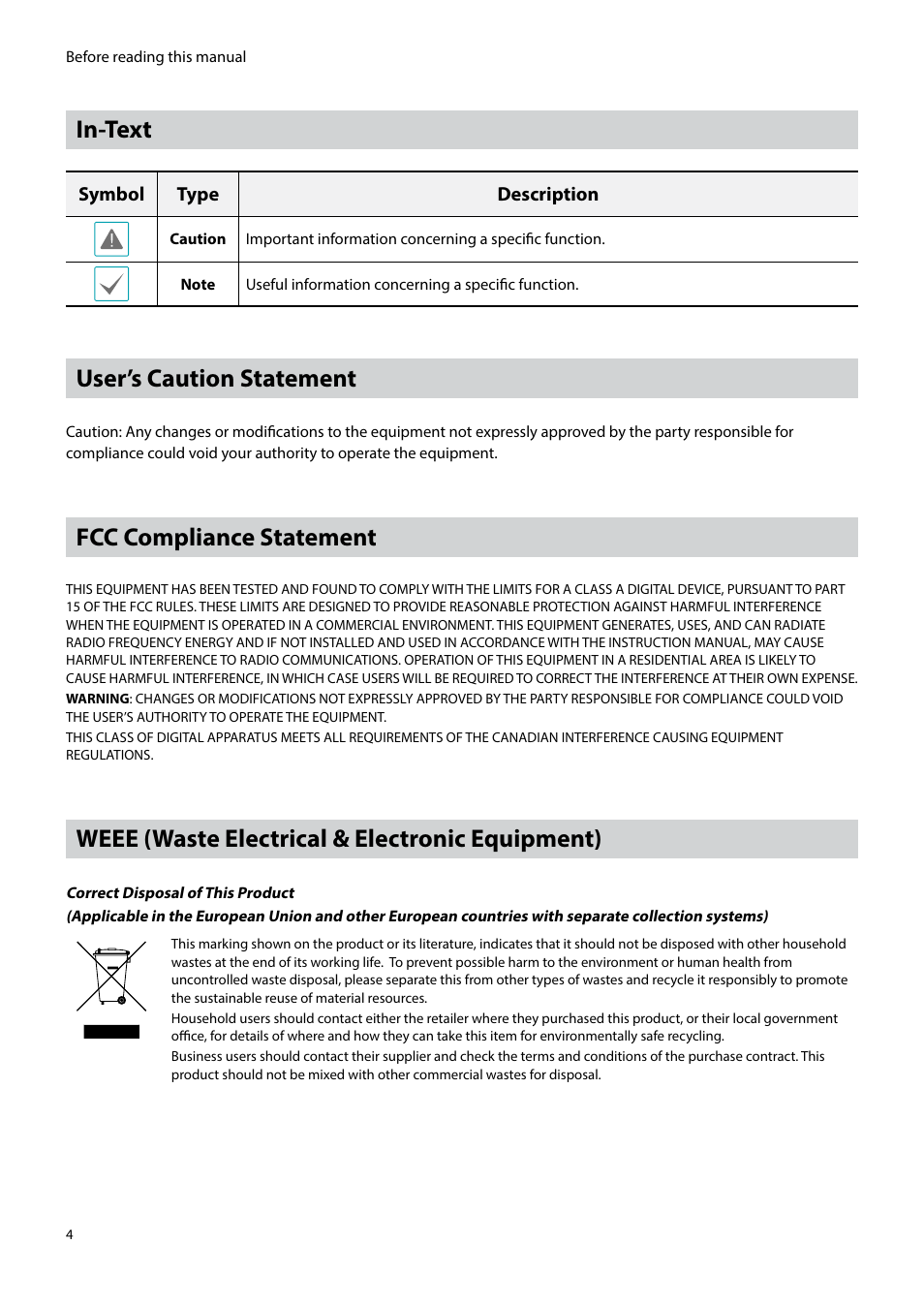 In-text, User’s caution statement, Fcc compliance statement | Weee (waste electrical & electronic equipment) | Eneo PNR-5304/4TB User Manual | Page 4 / 88
