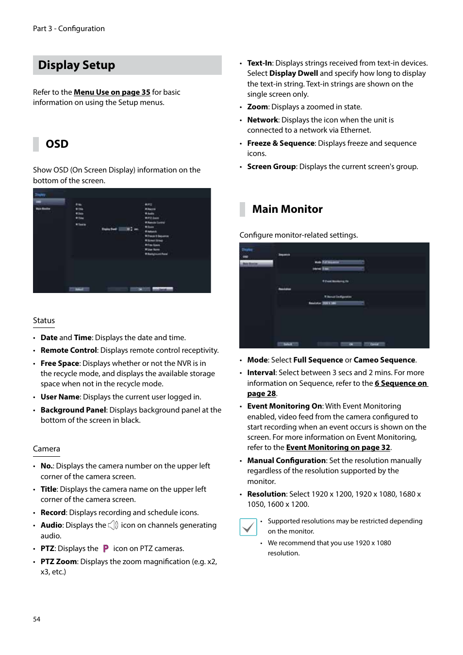 Display setup, Main monitor | Eneo PNR-5304/4TB User Manual | Page 54 / 88