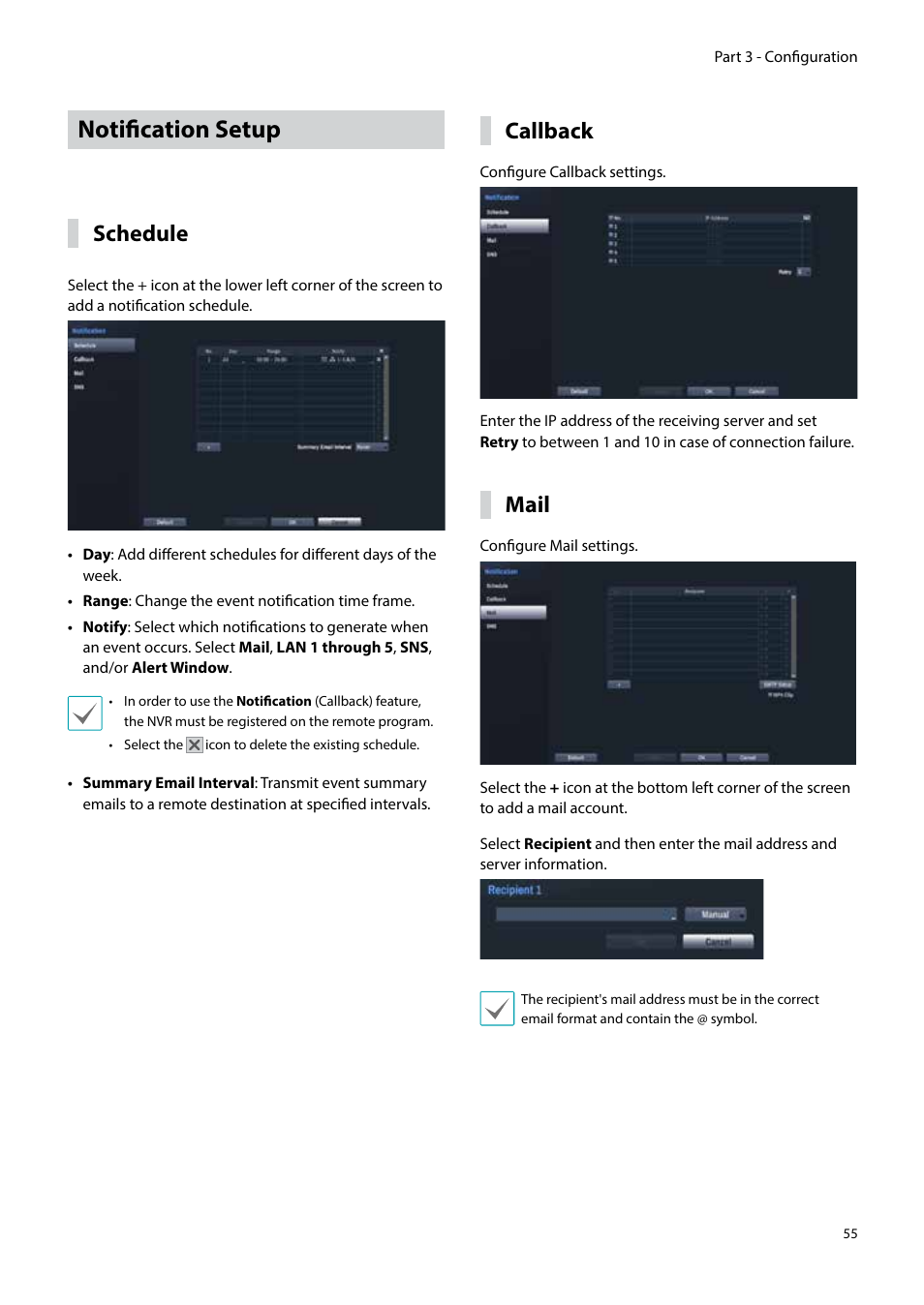 Notification setup, Schedule, Callback | Mail | Eneo PNR-5304/4TB User Manual | Page 55 / 88