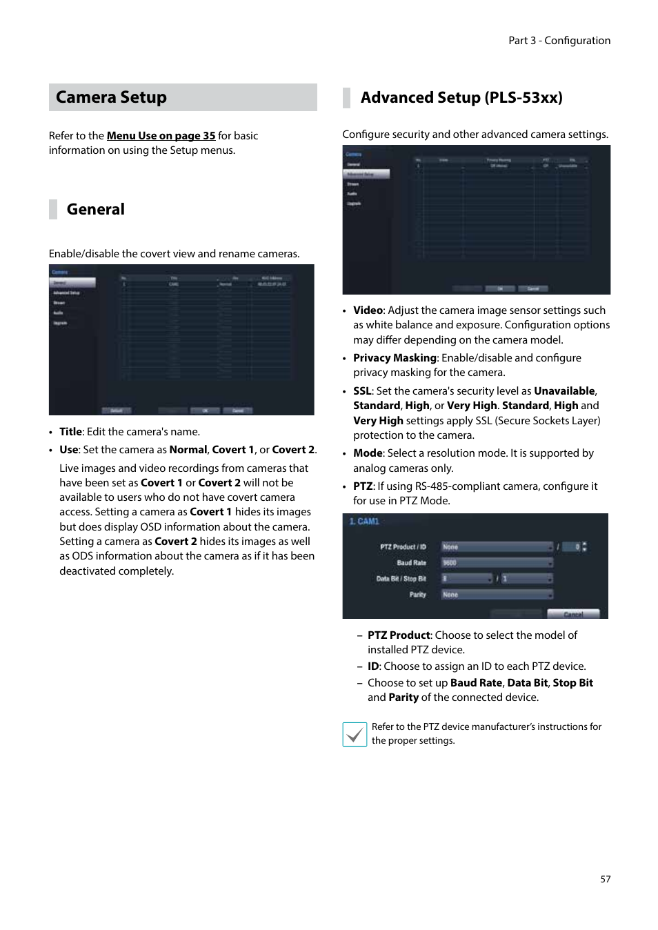 Camera setup, General, Advanced setup (pls-53xx) | Eneo PNR-5304/4TB User Manual | Page 57 / 88
