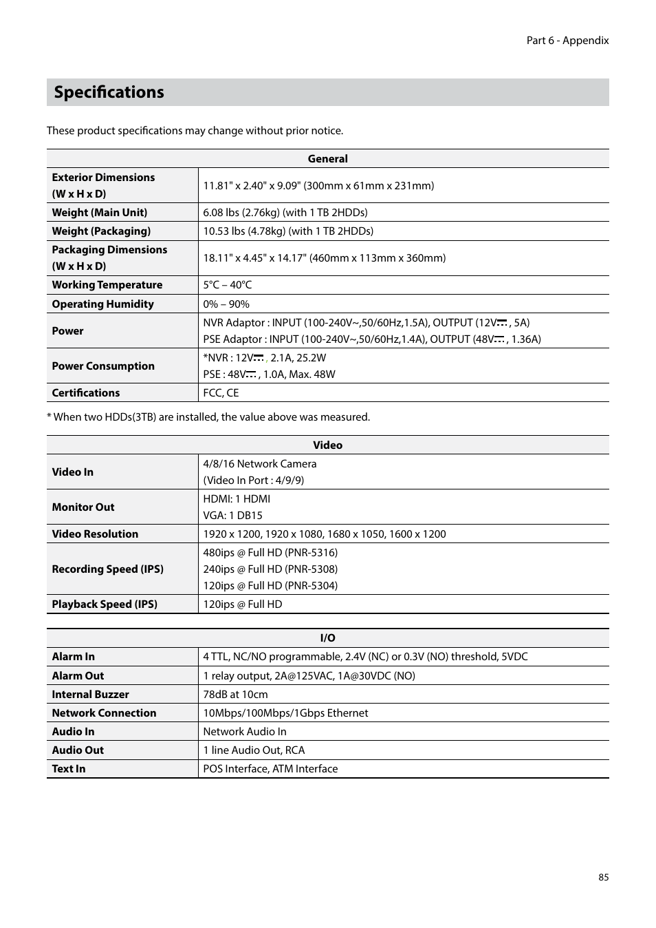 Specifications | Eneo PNR-5304/4TB User Manual | Page 85 / 88