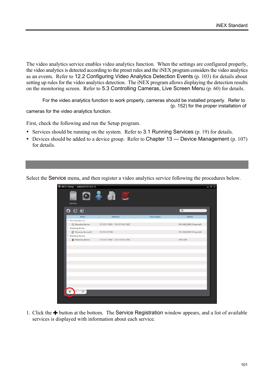 Chapter 12 — video analytics, 1 registering service | Eneo iNEX Client User Manual | Page 106 / 164