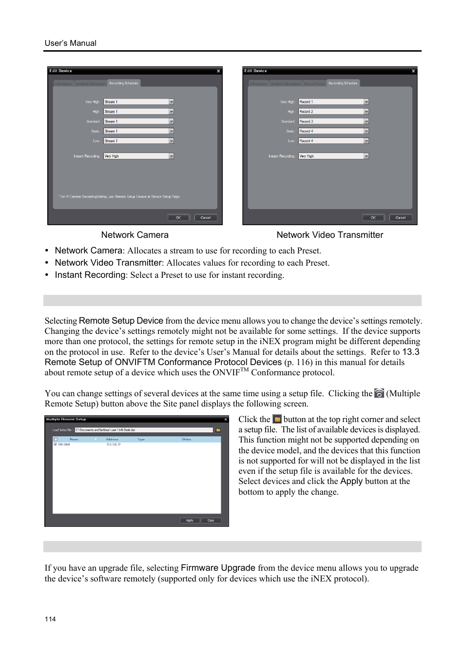 Changing device’s setting remotely, Upgrading device’s software | Eneo iNEX Client User Manual | Page 119 / 164