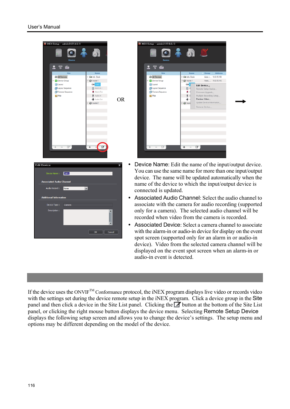 3 remote setup of onvif, Conformance protocol devices | Eneo iNEX Client User Manual | Page 121 / 164