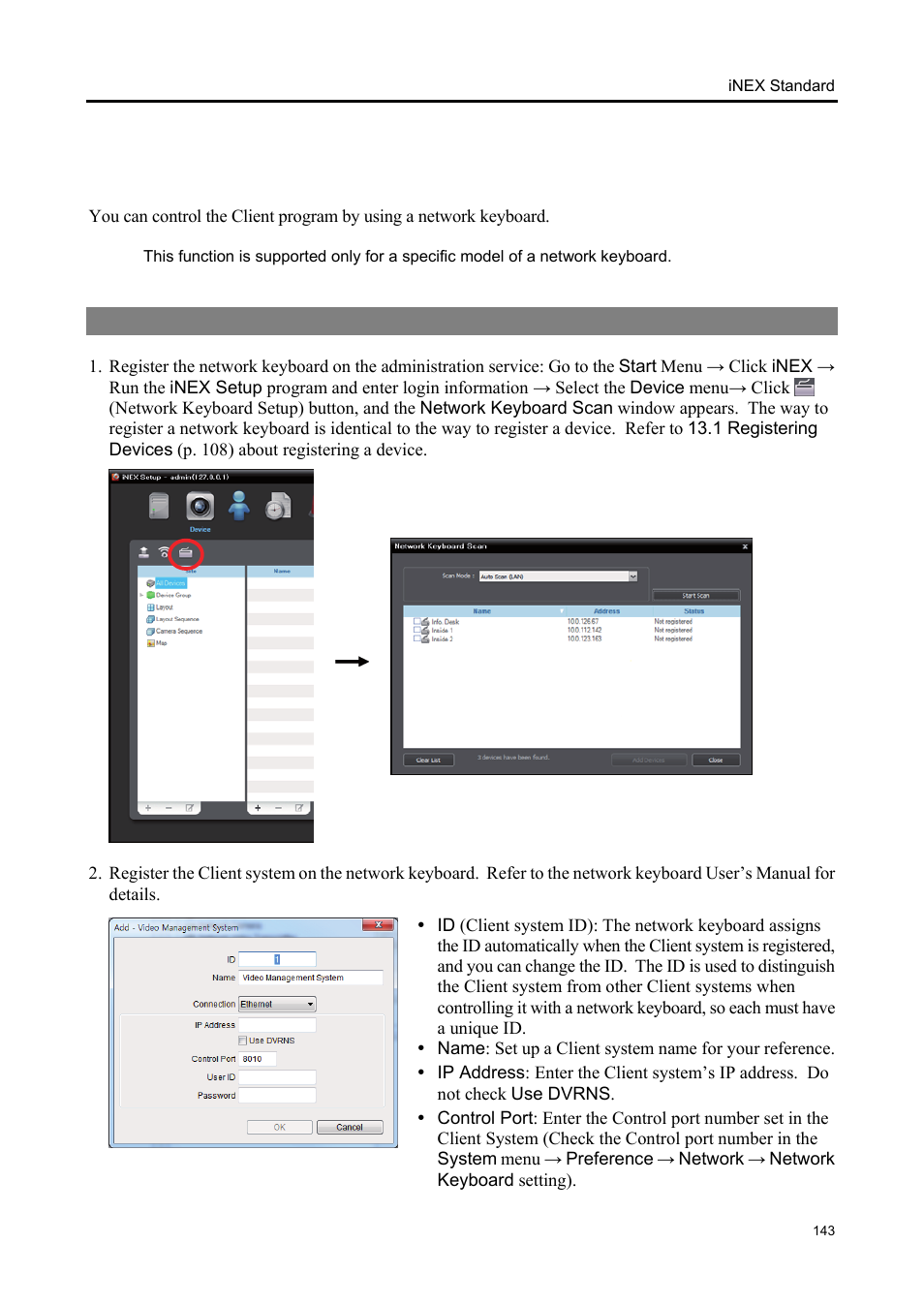 Chapter 18 — controlling with a network keyboard, 1 registering | Eneo iNEX Client User Manual | Page 148 / 164