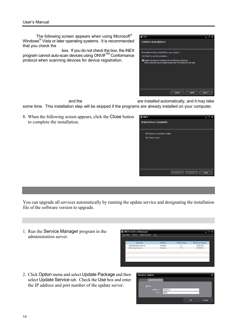 3 automatic upgrade, Update service setup | Eneo iNEX Client User Manual | Page 19 / 164