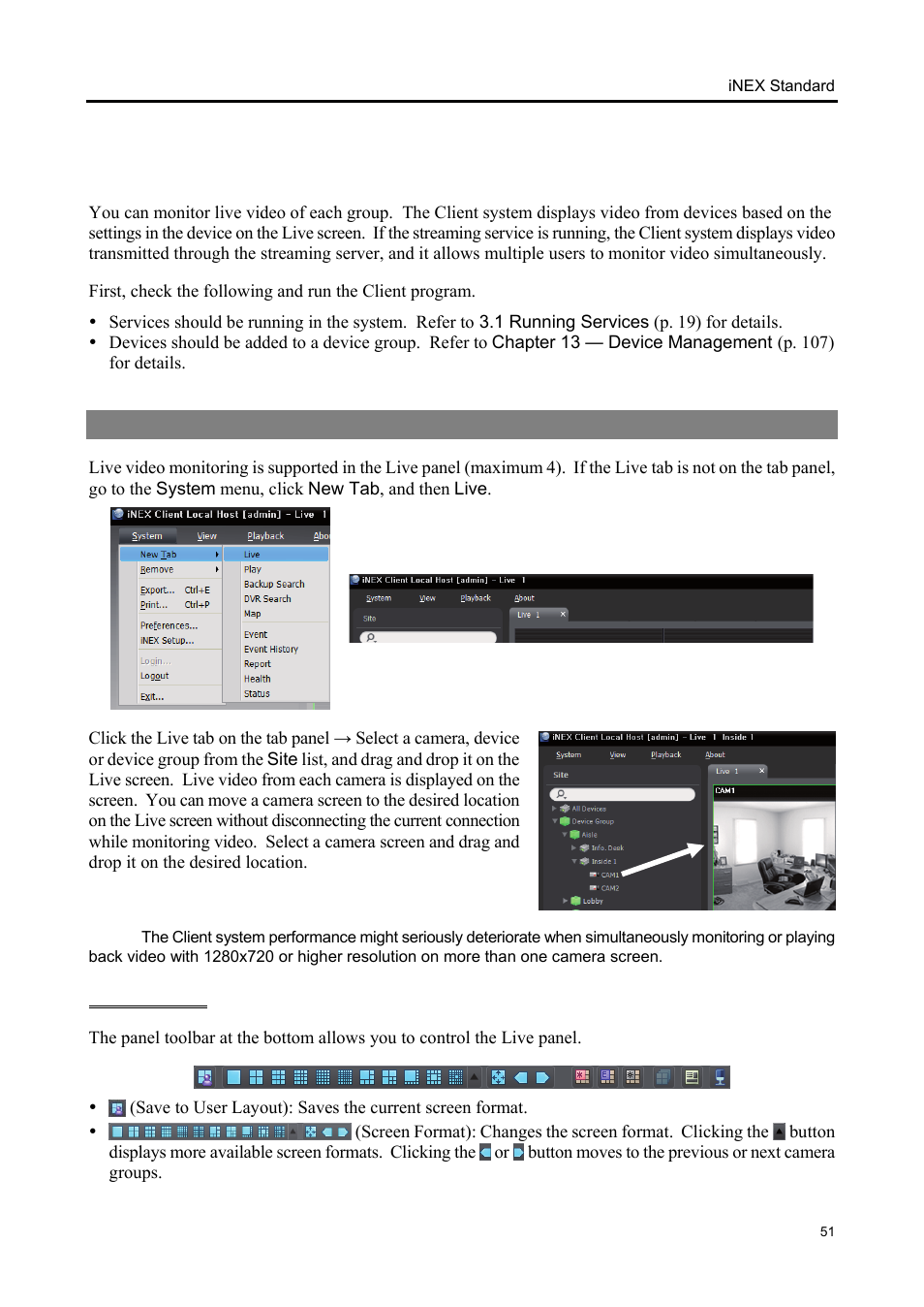 Chapter 5 — live video monitoring, 1 monitoring video | Eneo iNEX Client User Manual | Page 56 / 164