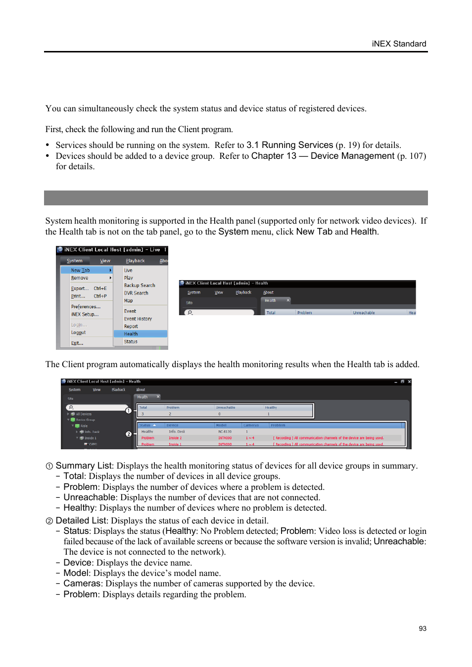 Chapter 9 — system health & status monitoring, 1 health monitoring | Eneo iNEX Client User Manual | Page 98 / 164