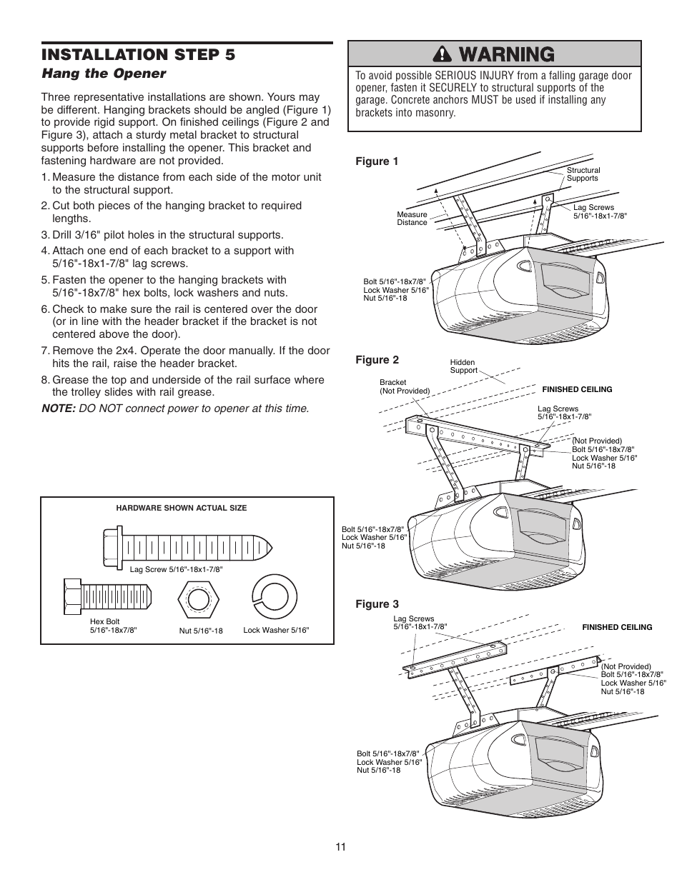 Hang the opener, Installation step 5 | Chamberlain 3595 User Manual | Page 11 / 36