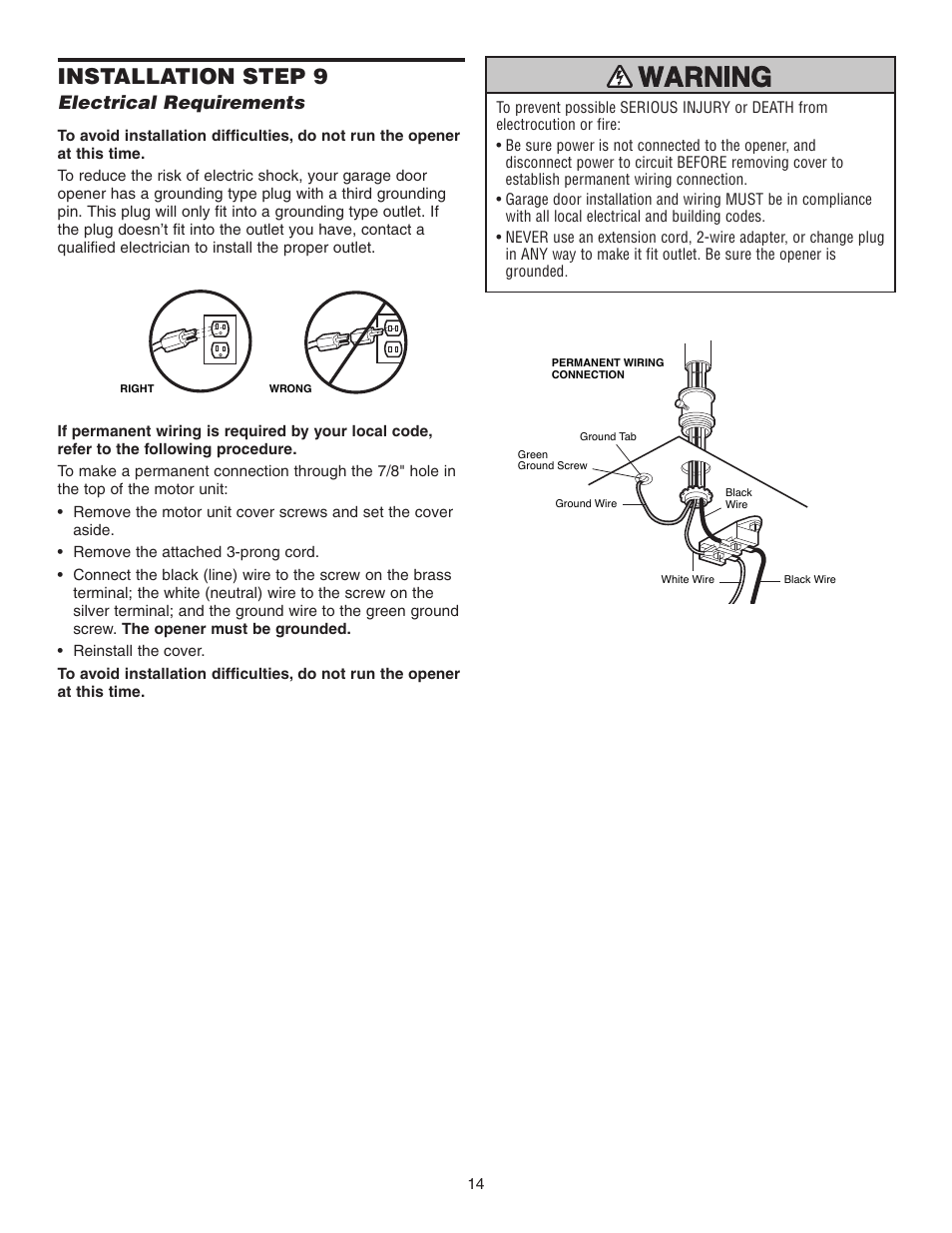 Electrical requirements, Installation step 9 | Chamberlain 3595 User Manual | Page 14 / 36