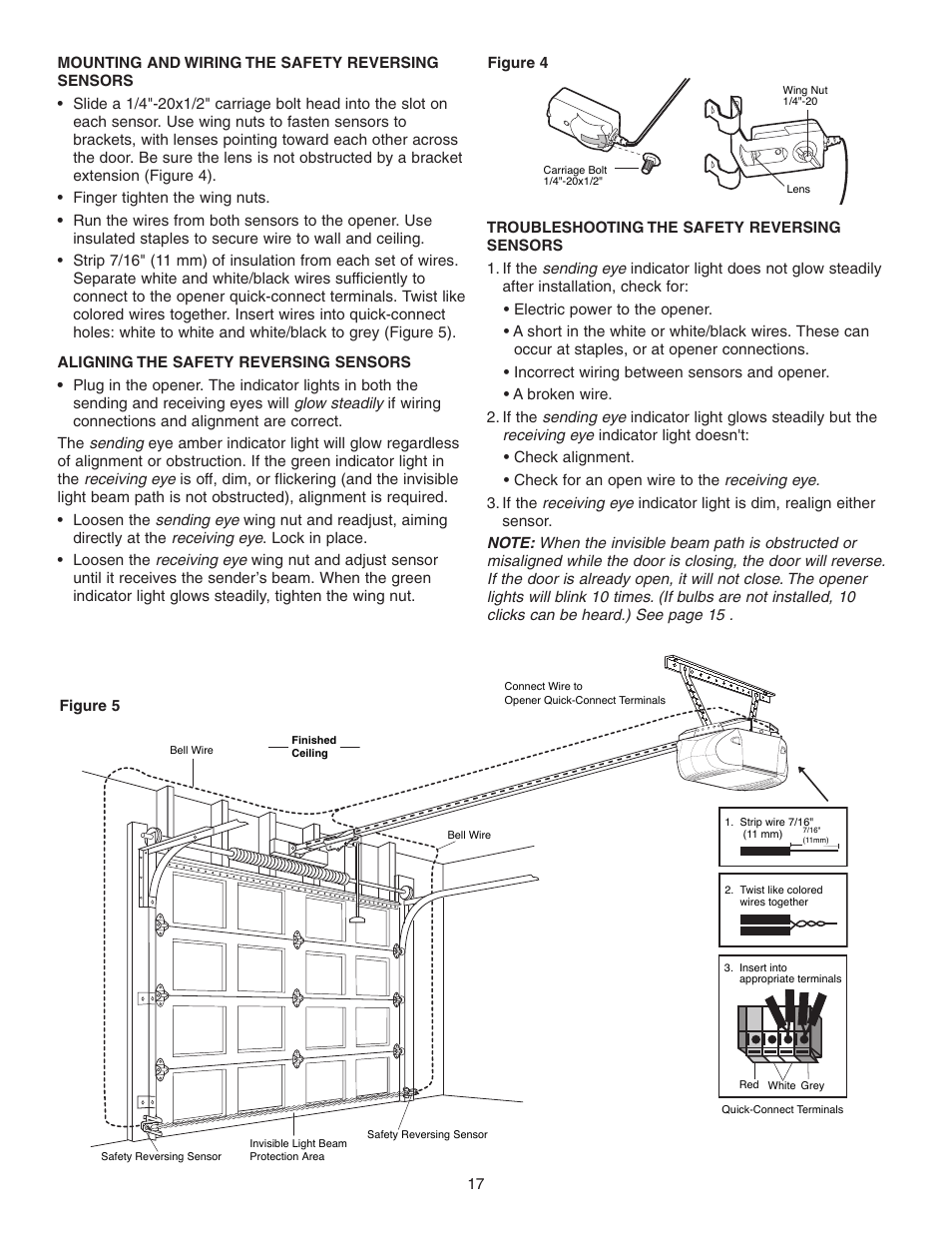 Mounting and wiring the safety reversing sensors, Aligning the safety reversing sensors, Troubleshooting the safety reversing sensors | Chamberlain 3595 User Manual | Page 17 / 36