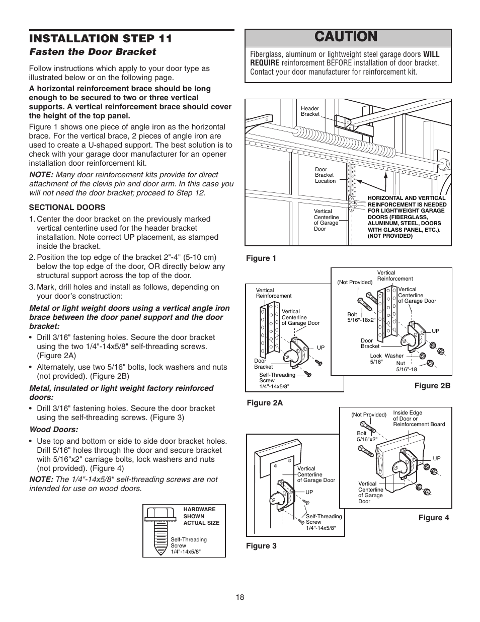 Fasten the door bracket, Installation step 11 | Chamberlain 3595 User Manual | Page 18 / 36