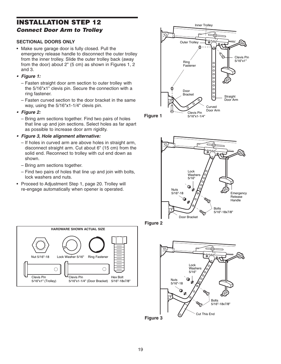 Connect door arm to trolley, Installation step 12 | Chamberlain 3595 User Manual | Page 19 / 36