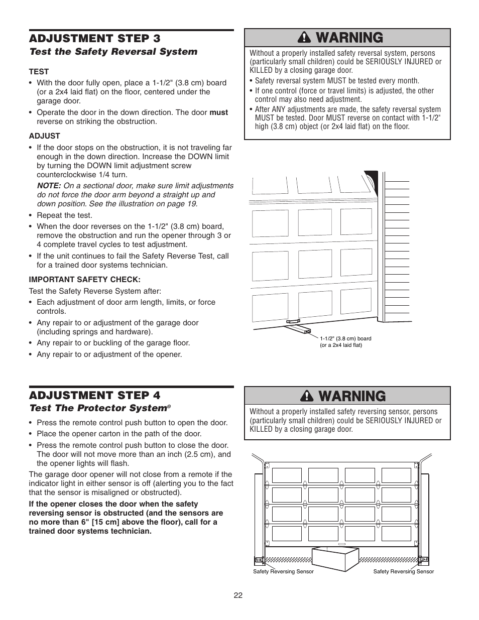 Test the safety reversal system, Test the protector system, Adjustment step 3 | Adjustment step 4 | Chamberlain 3595 User Manual | Page 22 / 36