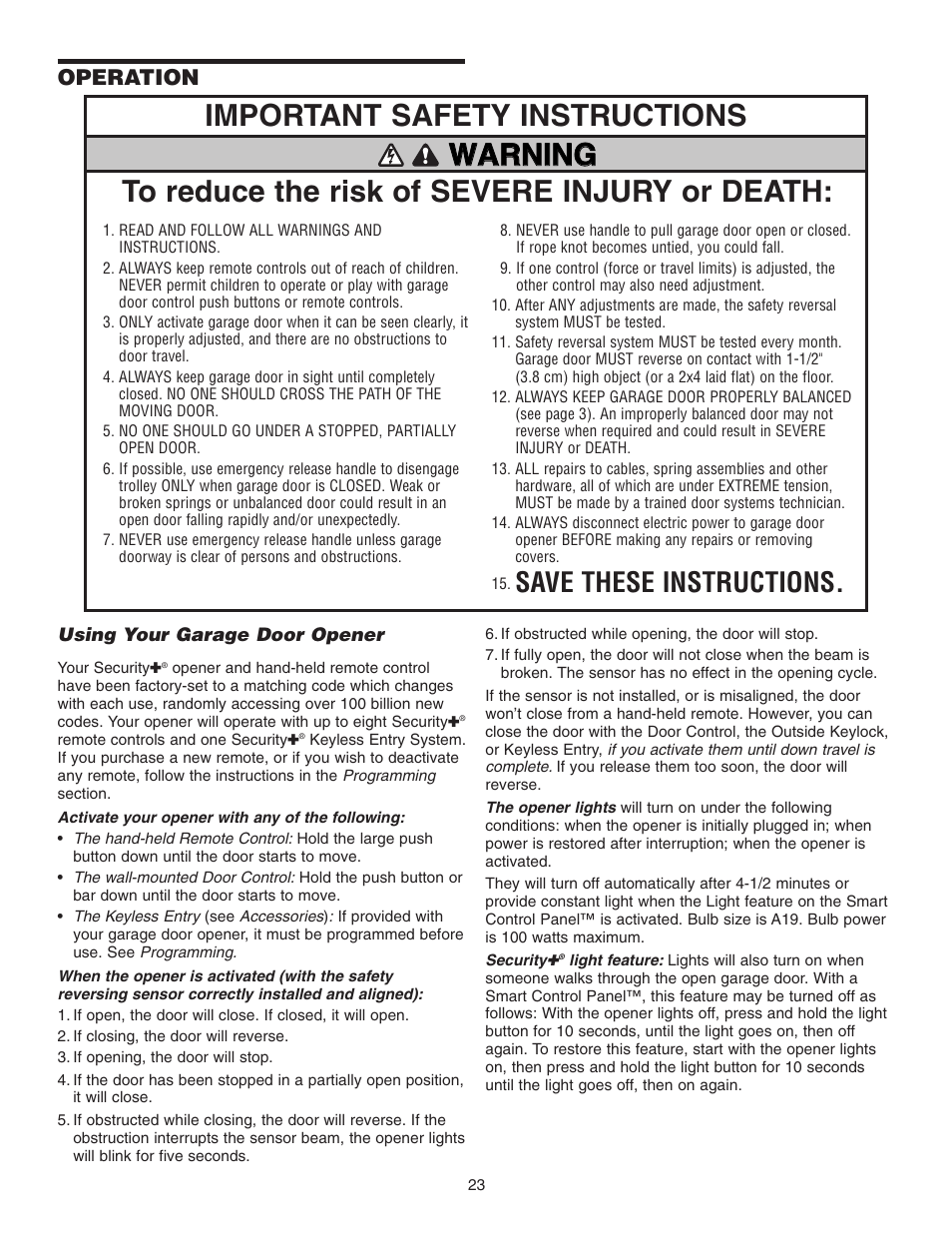 Operation, Using your garage door opener, Save these instructions | Chamberlain 3595 User Manual | Page 23 / 36