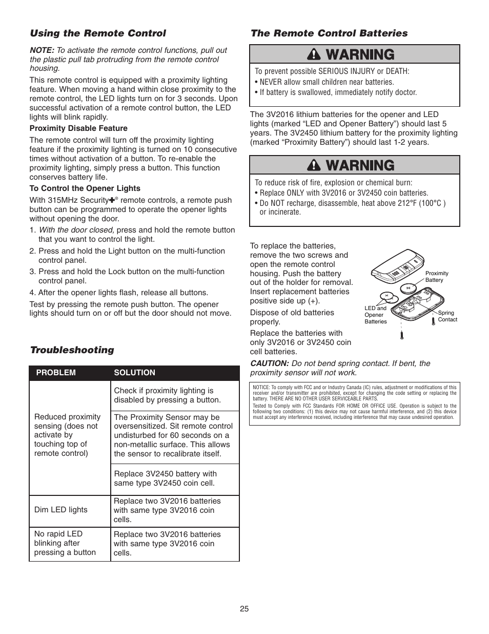 Using the remote control, The remote control batteries, Troubleshooting | Chamberlain 3595 User Manual | Page 25 / 36