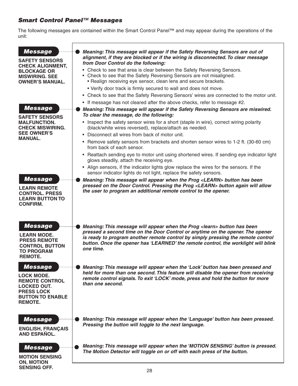 Smart control panel™ messages | Chamberlain 3595 User Manual | Page 28 / 36