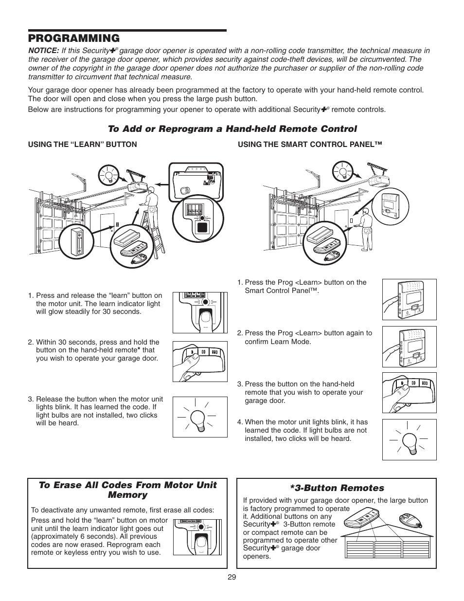 Programming, To erase all codes from motor unit memory, Button remotes | Chamberlain 3595 User Manual | Page 29 / 36