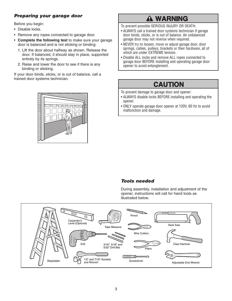 Preparing your garage door, Tools needed | Chamberlain 3595 User Manual | Page 3 / 36