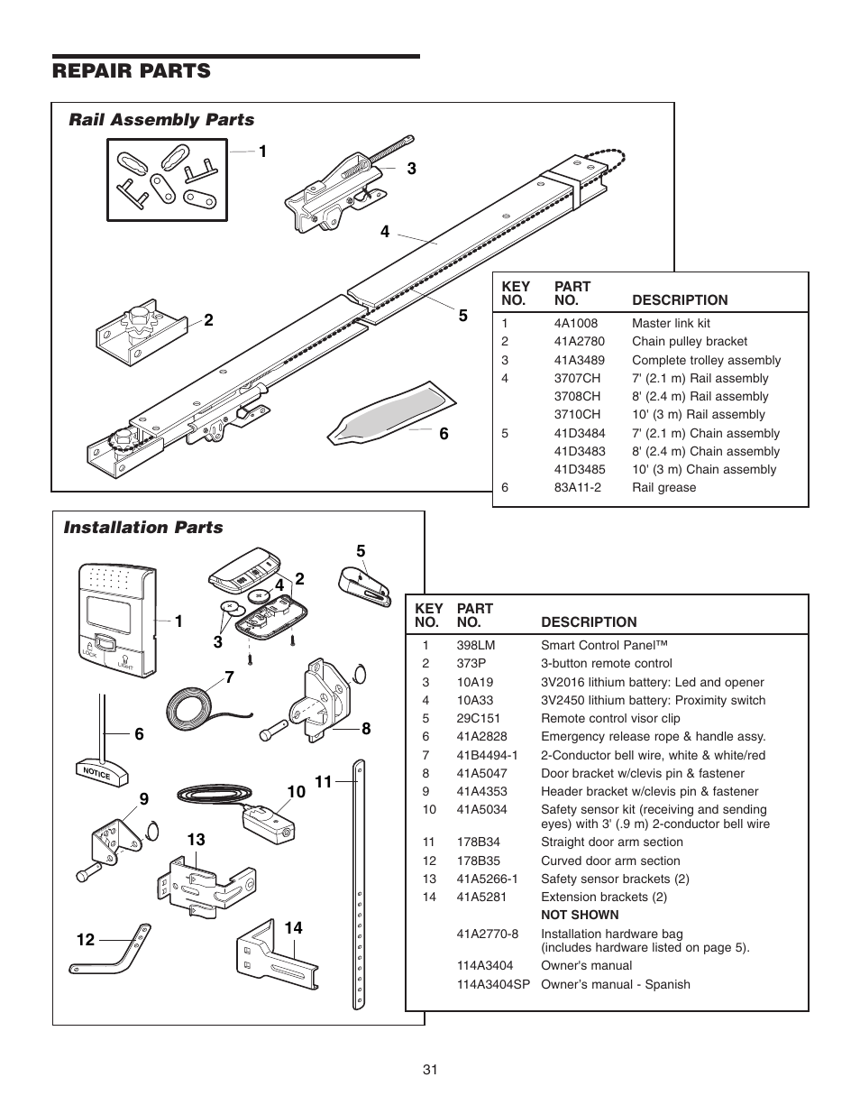 Repair parts, Rail assembly parts, Installation parts | Chamberlain 3595 User Manual | Page 31 / 36