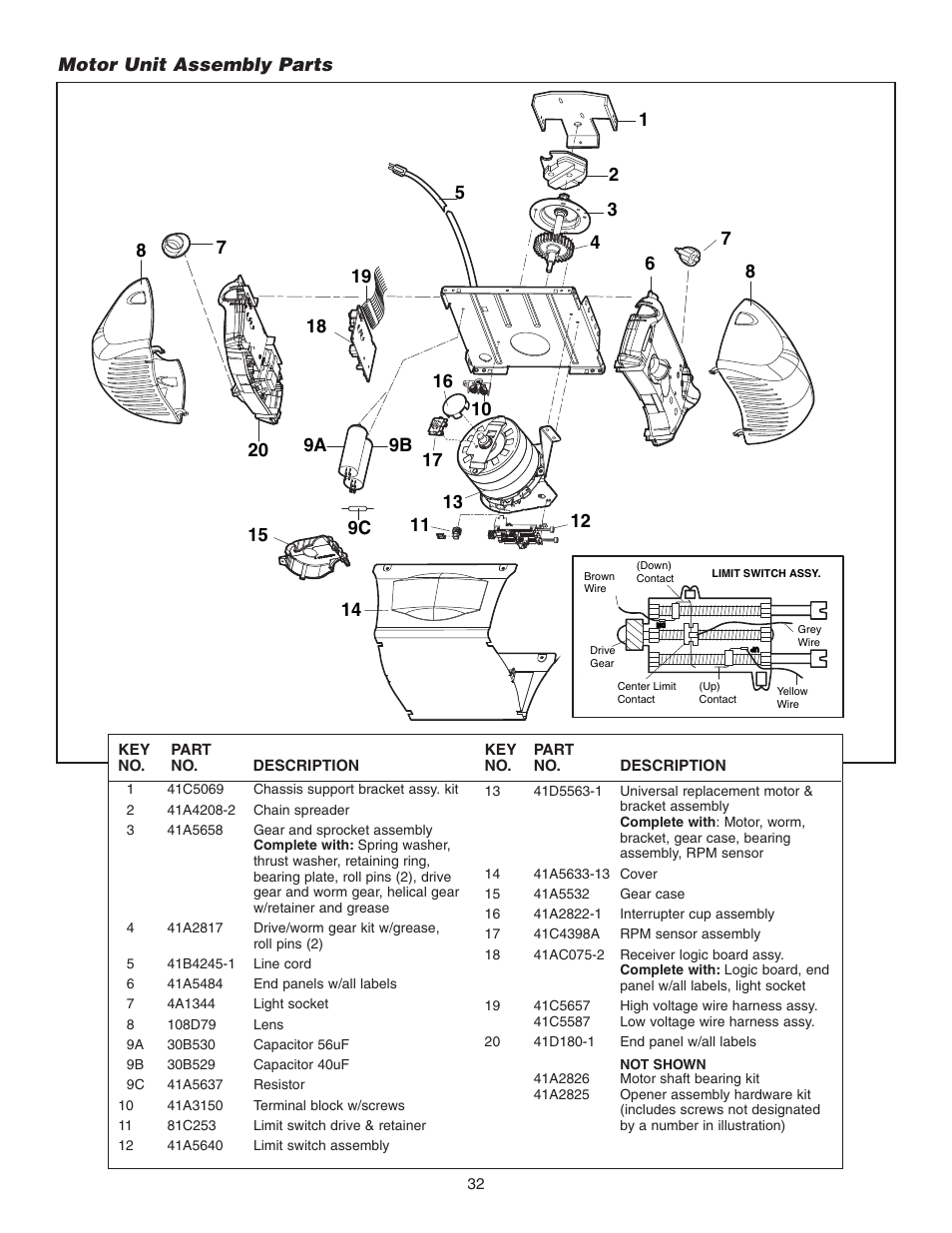 Motor unit assembly parts | Chamberlain 3595 User Manual | Page 32 / 36