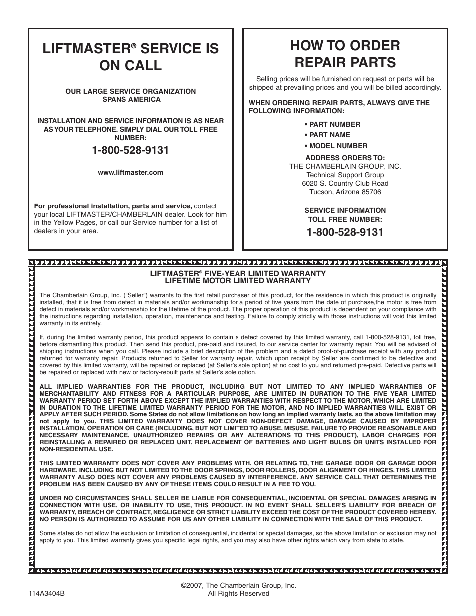 Installation and service information, How to order repair parts, Warranty | Liftmaster, Service is on call | Chamberlain 3595 User Manual | Page 36 / 36