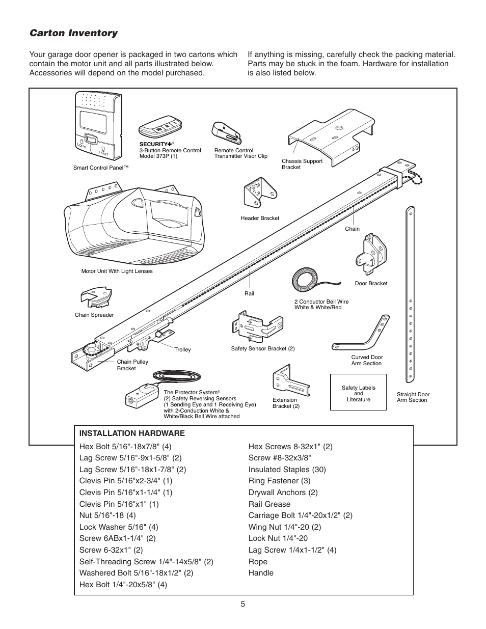 Carton inventory, Installation hardware | Chamberlain 3595 User Manual | Page 5 / 36