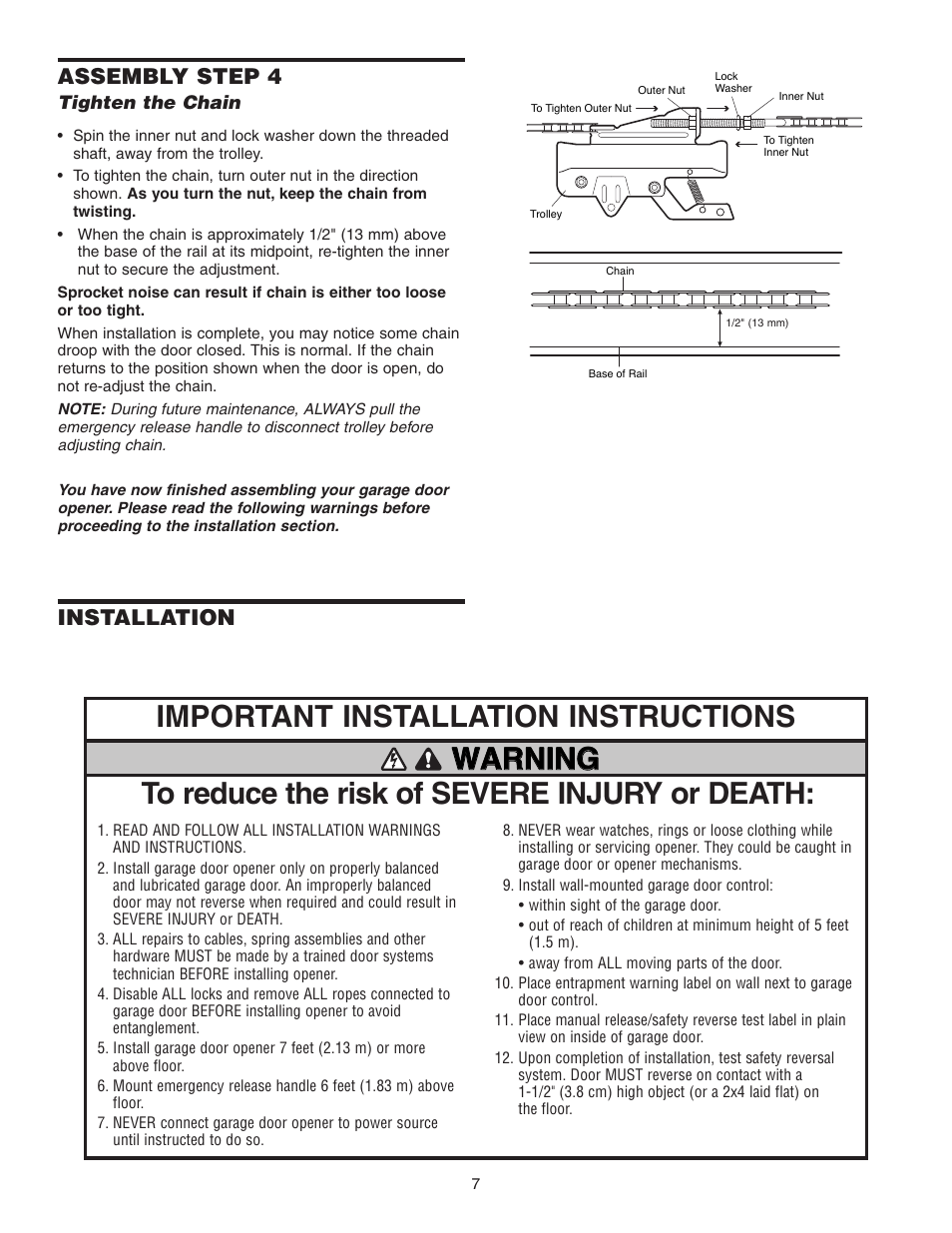 Tighten the chain, Installation, Assembly step 4 | Chamberlain 3595 User Manual | Page 7 / 36