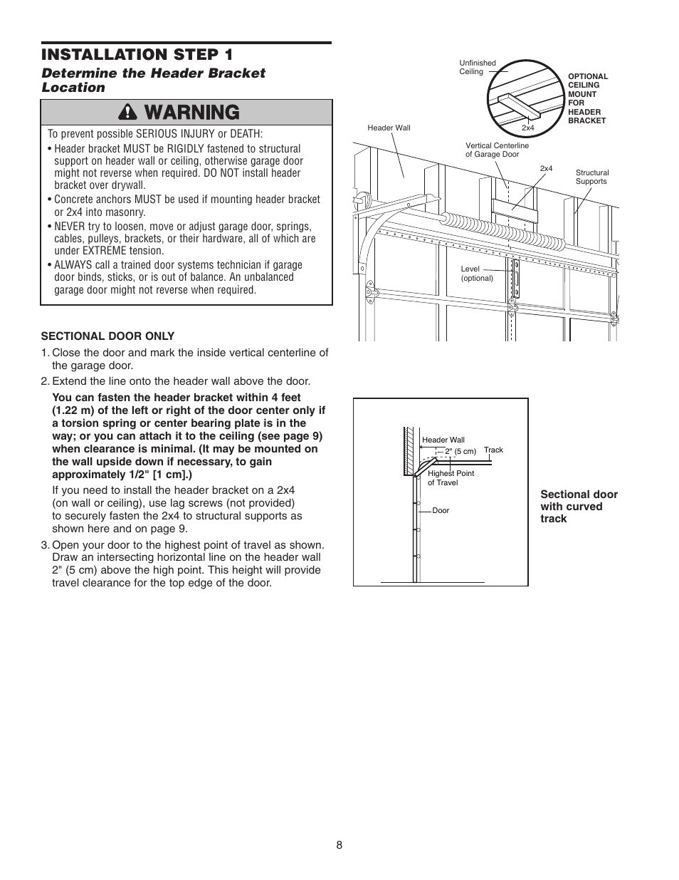 Determine the header bracket location, Installation step 1 | Chamberlain 3595 User Manual | Page 8 / 36