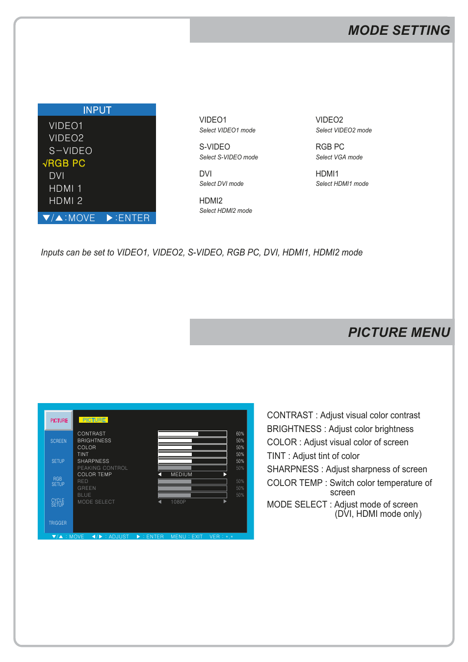 Mode setting picture menu, Video1, Video2 | S-video, Rgb pc, Hdmi1, Hdmi2 | Eneo VMC-32LEDM User Manual | Page 12 / 40