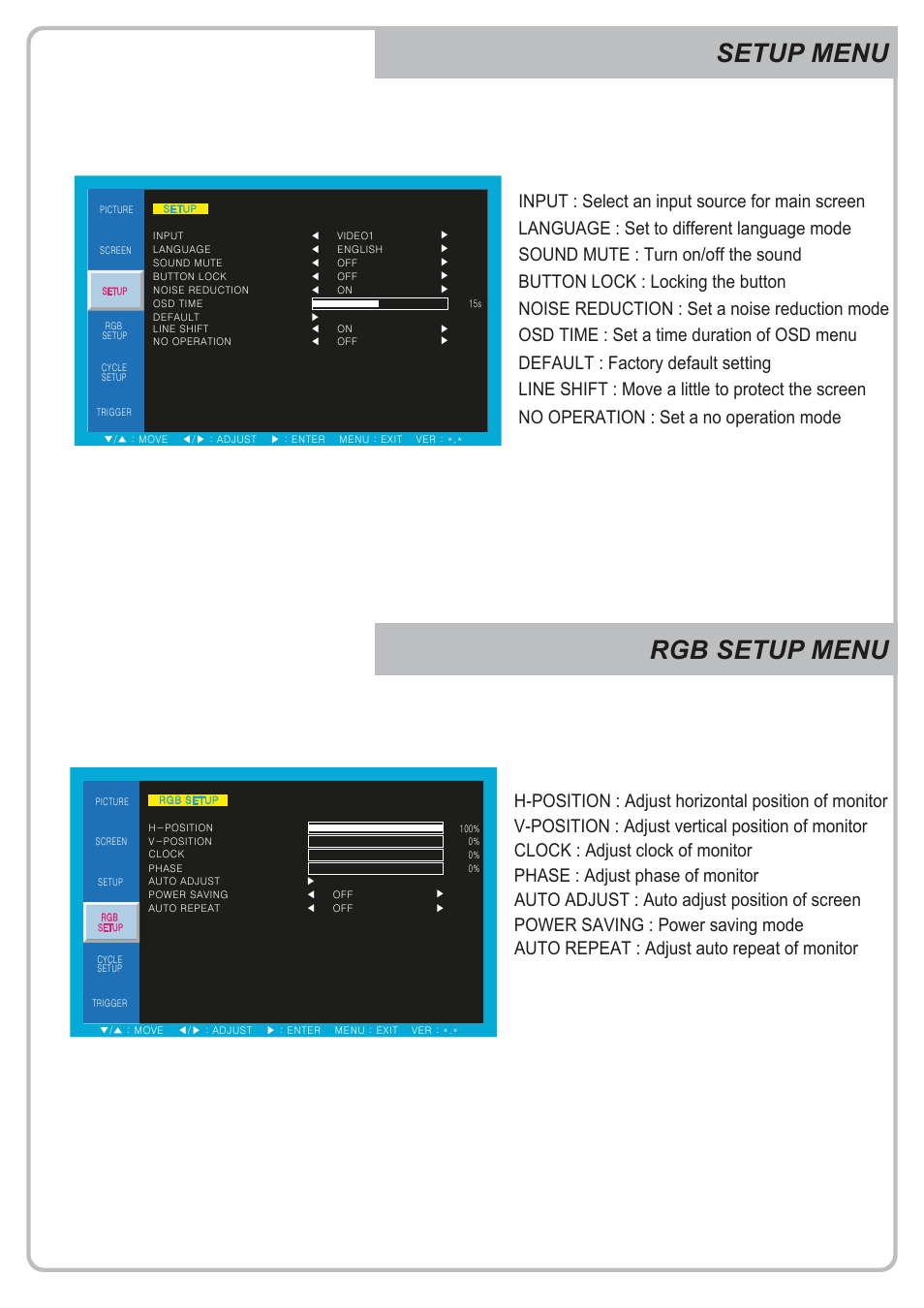 Setup menu rgb setup menu | Eneo VMC-32LEDM User Manual | Page 14 / 40