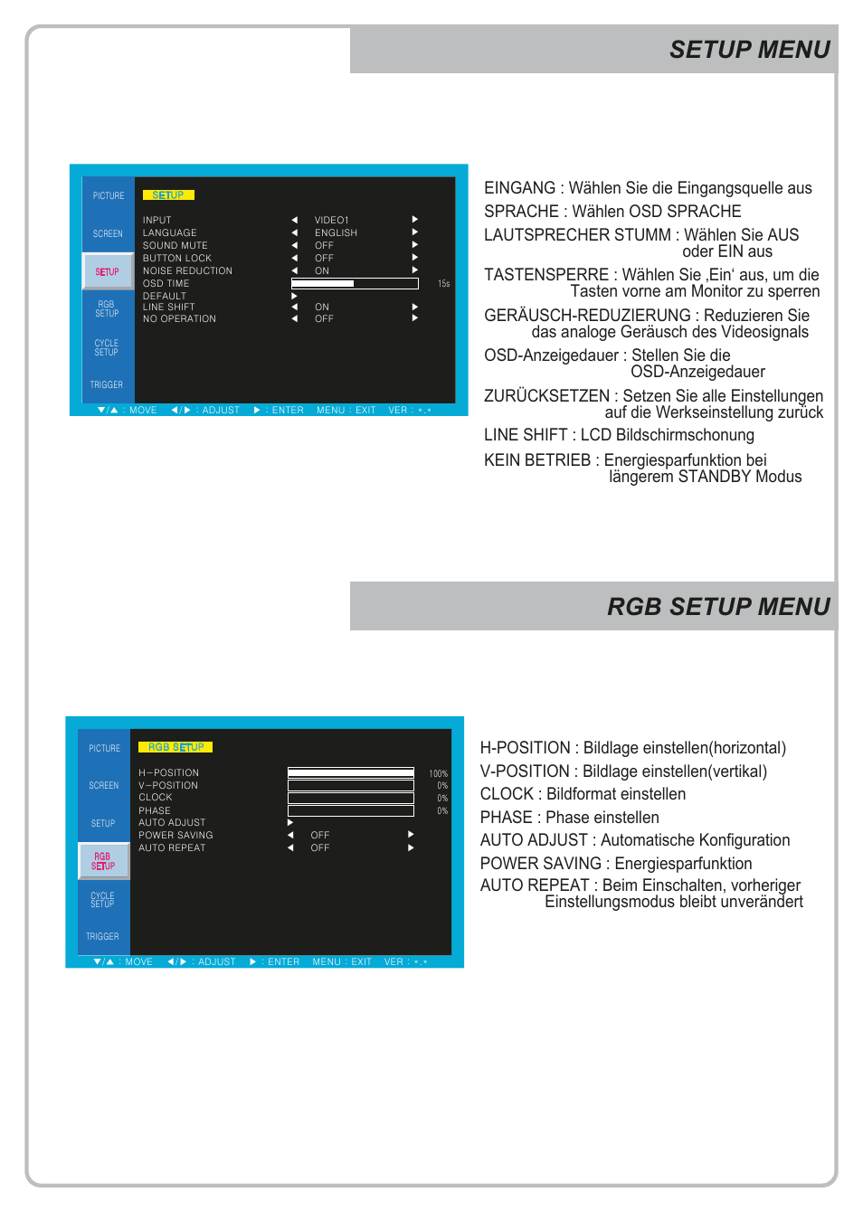 Setup menu rgb setup menu | Eneo VMC-32LEDM User Manual | Page 6 / 40